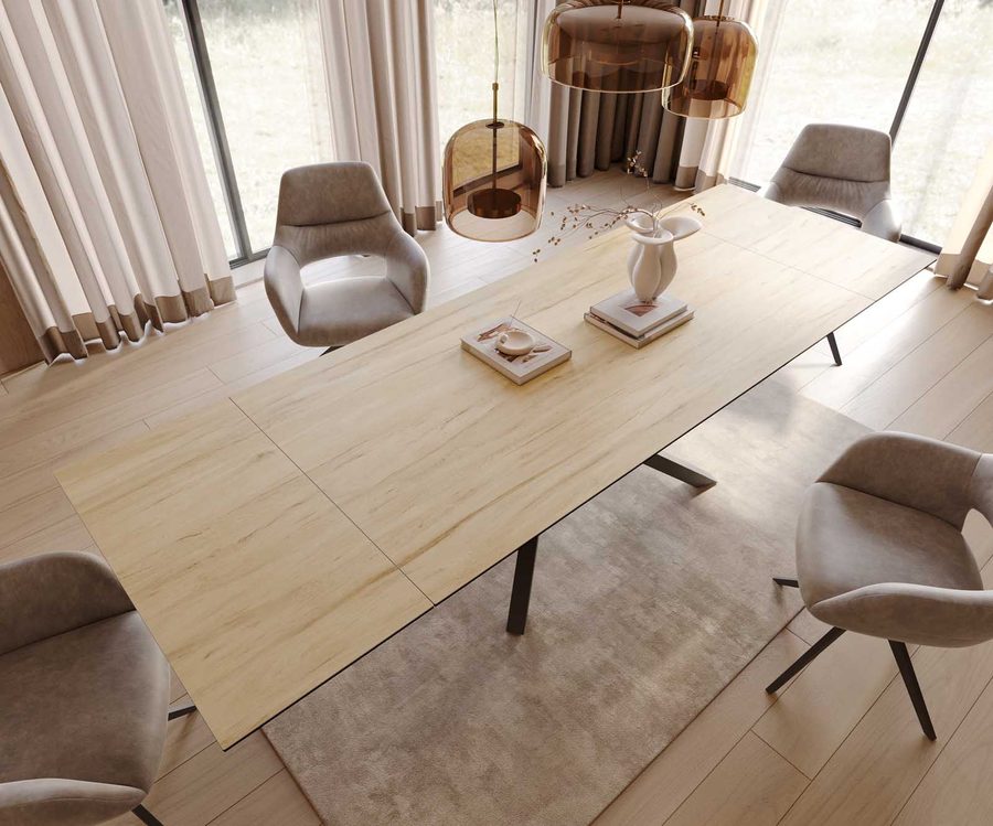 Table à manger extensible rectangulaire en céramique 300×100 cm – couleur chêne