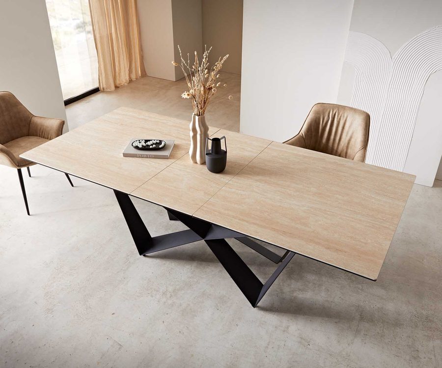 Table à manger extensible rectangulaire en céramique 220×100 cm – couleur travertin