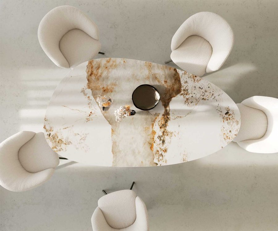 Table à manger ovale en céramique 220×120 cm – blanc/beige