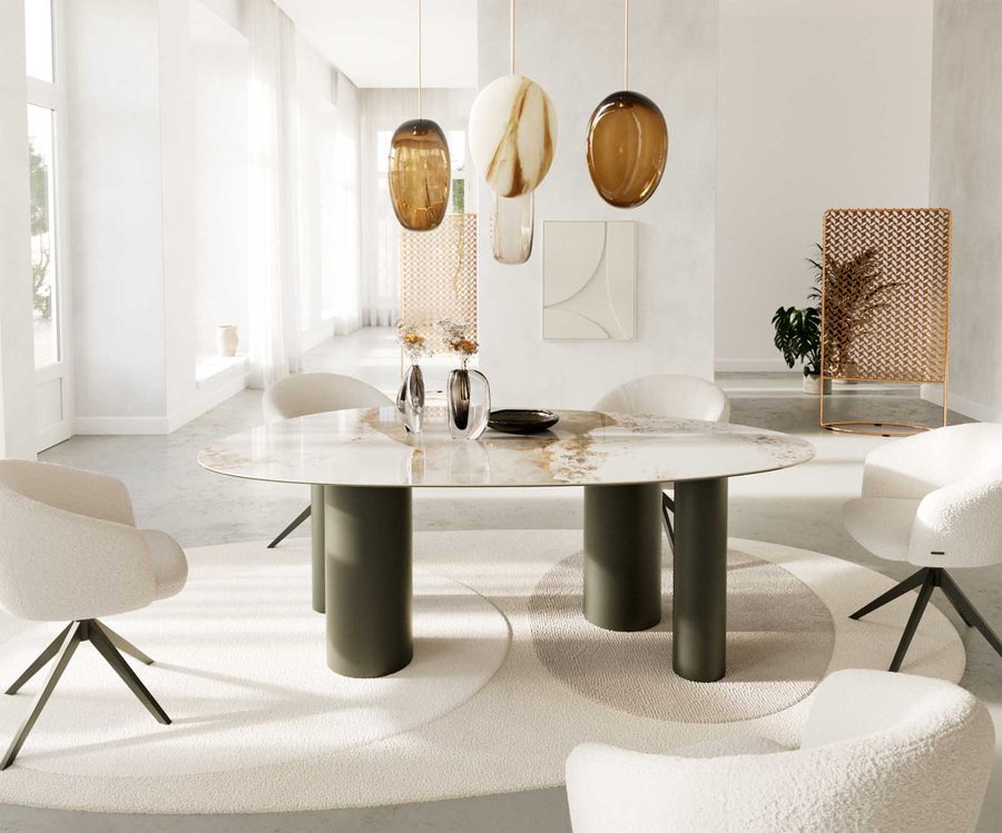Table à manger ovale en céramique 220×120 cm – blanc/beige