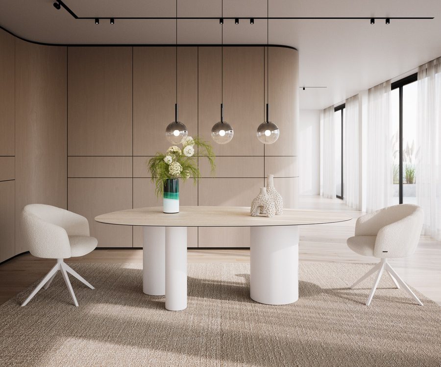 Table à manger ovale en céramique 220×120 cm – crème-blanc