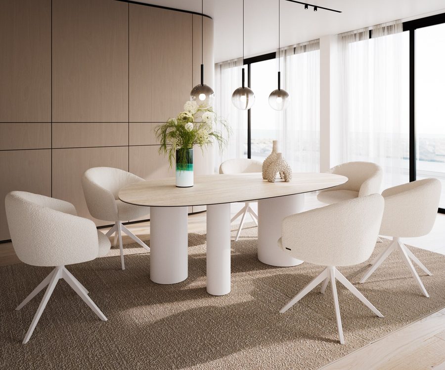 Table à manger ovale en céramique 220×120 cm – crème-blanc