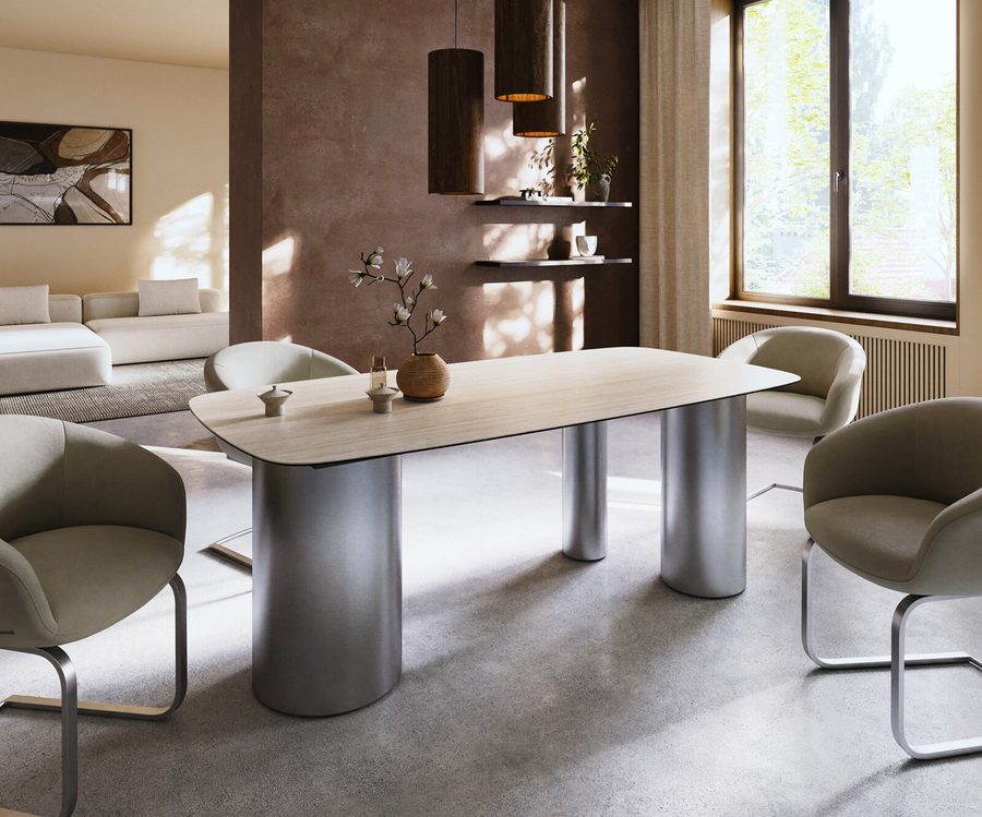 Table à manger ovale en céramique 200×100 cm – crème-blanc
