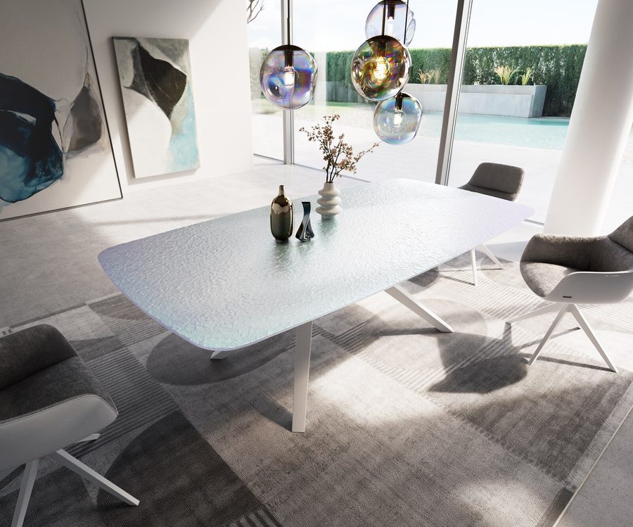 Table à manger ovale en verre 240×120 cm – nacre