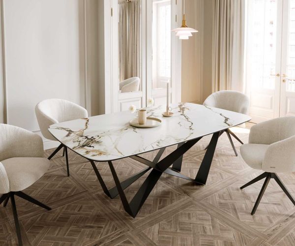 Table à manger ovale en céramique 200×100 cm – blanc/or