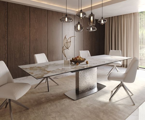 Table à manger extensible rectangulaire en céramique 300×100 cm – blanc/beige