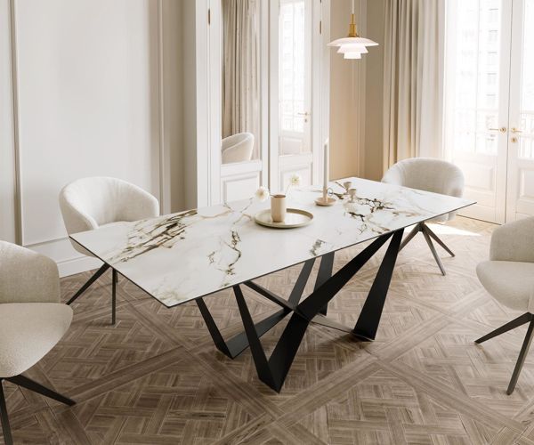 Table à manger extensible rectangulaire en céramique 220×100 cm – blanc/or