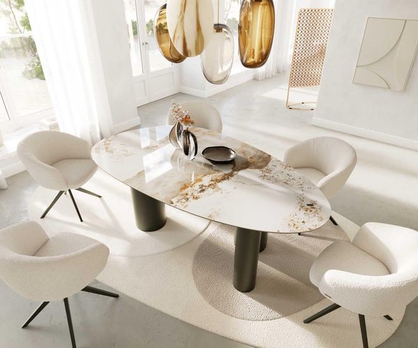 Table à manger ovale en céramique 220×120 cm – blanc/beige
