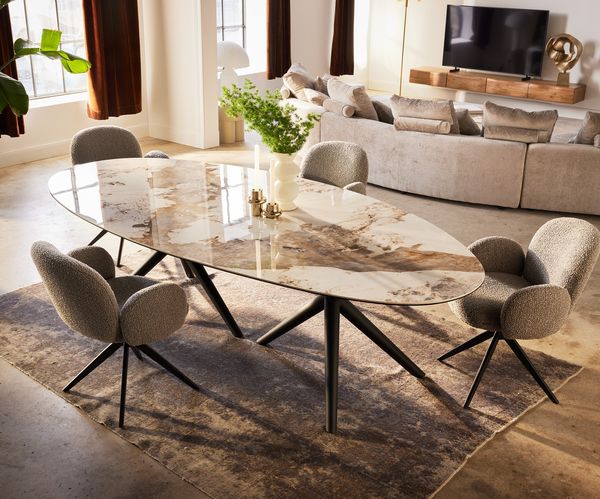 Table à manger ovale en céramique 280×130 cm – blanc/beige