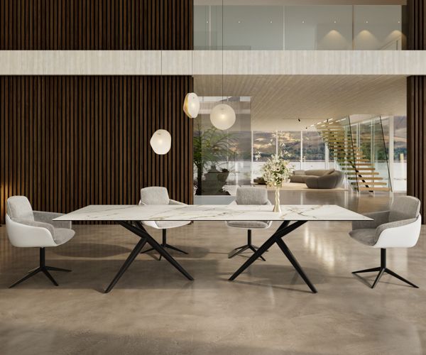 Table à manger rectangulaire en céramique 300×100 cm – blanc/or