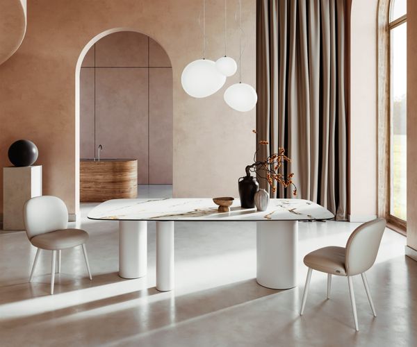 Table à manger ovale en céramique 240×120 cm – blanc/or