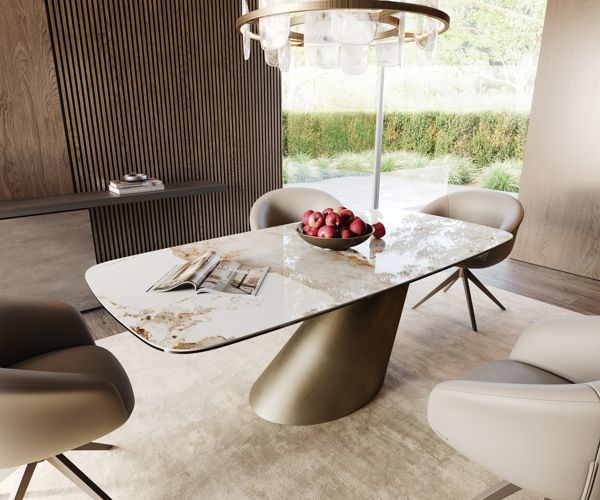 Table à manger ovale en céramique 200×100 cm – blanc/beige