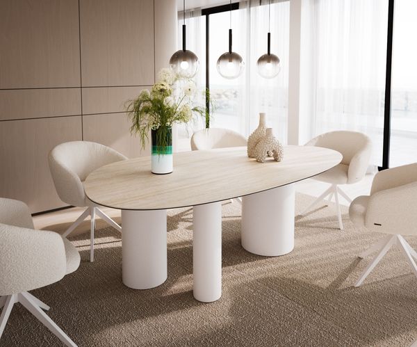 Table à manger ovale en céramique 220×120 cm – crème-blanc