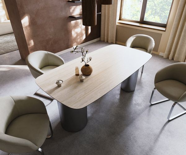 Table à manger ovale en céramique 200×100 cm – crème-blanc