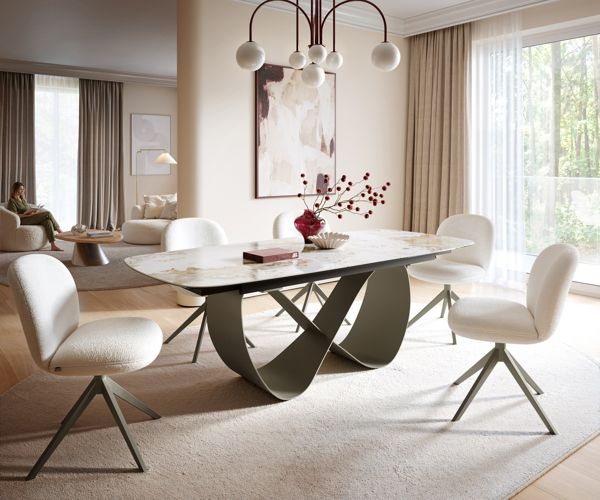 Table à manger extensible ovale en céramique 220×100 cm – blanc/beige