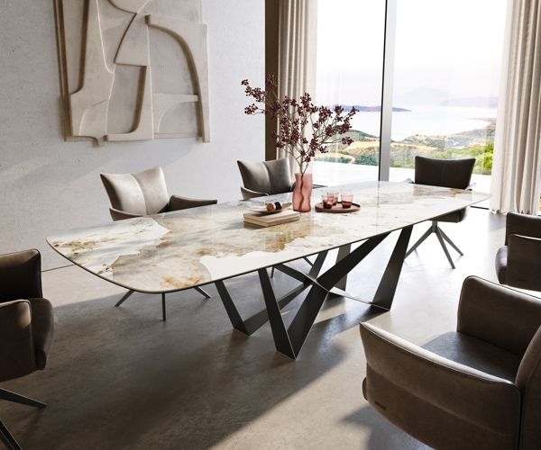 Table à manger ovale en céramique 300×120 cm – blanc/beige