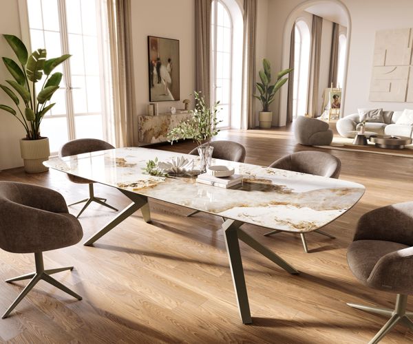 Table à manger ovale en céramique 260×120 cm – blanc/beige