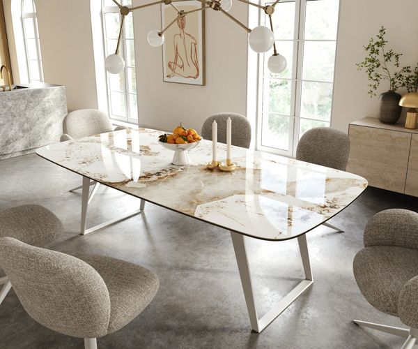 Table à manger ovale en céramique 240×120 cm – blanc/beige