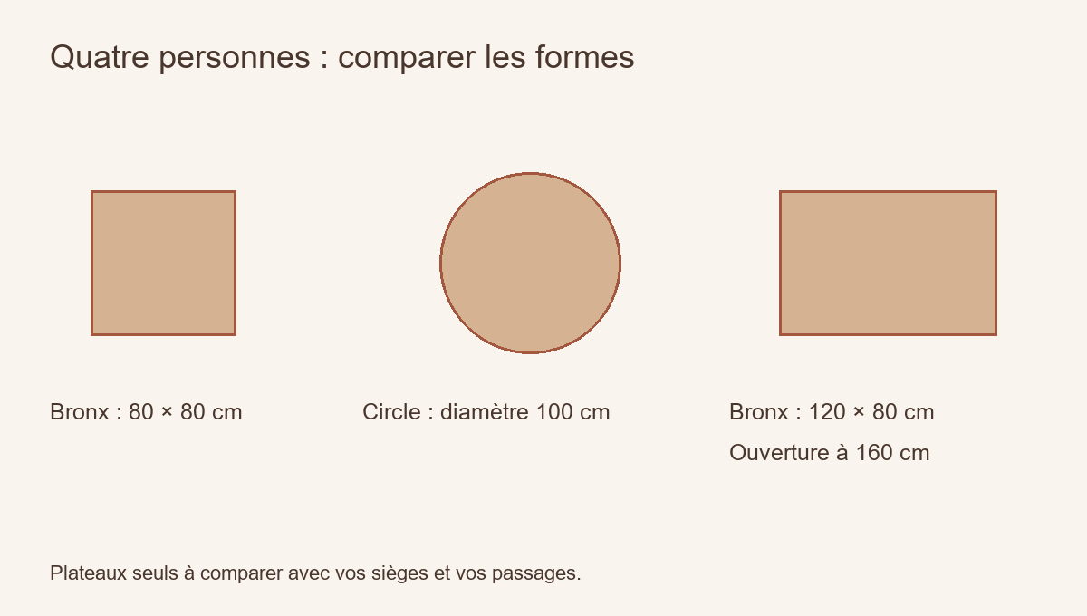 Quatre personnes : comparer les formes. Bronx : 80 × 80 cm. Circle : diamètre 100 cm. Bronx : 120 × 80 cm, ouverture à 160 cm